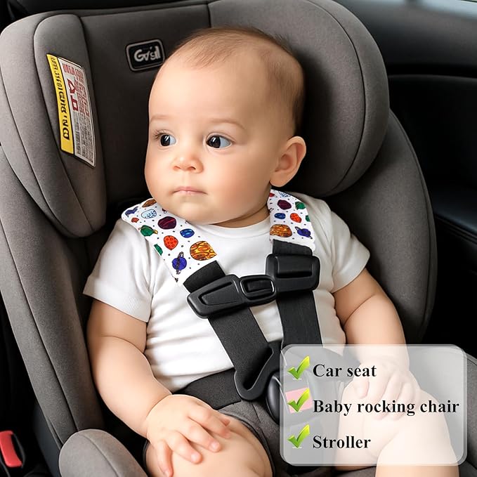 2-Pack Car Seat Strap Covers, Infant Seatbelt Covers, Velvety Soft Double-Sided Use Car Seat Shoulder Strap Pads for Infant Toddler, White Planet Design