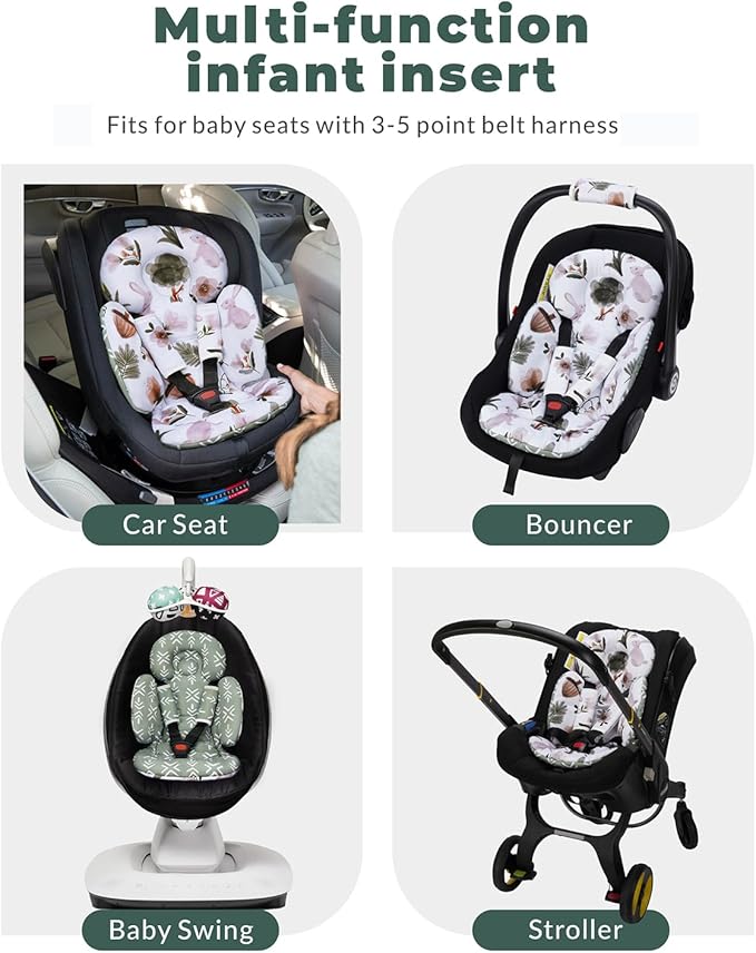 TinlyFinly Newborn Car Seat Insert, Head and Body Support, Reversible Infant Insert Compatible with Baby Carseat, Stroller, Mamaroo Swing, Rocker, Bassinet, Bouncer. Baby Car Seat Cushion - Rabbit