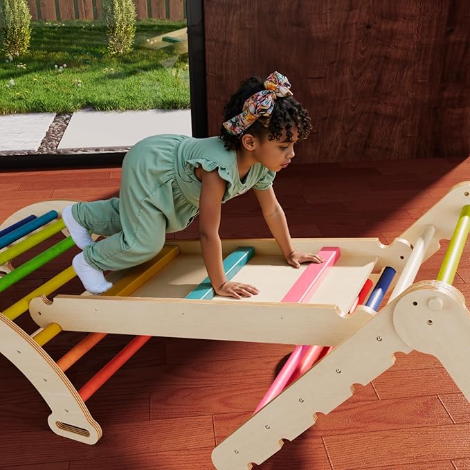 LINKHOO Pikler Triangle Set of 3, Wooden Montessori Climbing Set for Toddlers Ages 2-6, Indoor Jungle Gyms with Arch, Ramp and Ladder, Rainbow