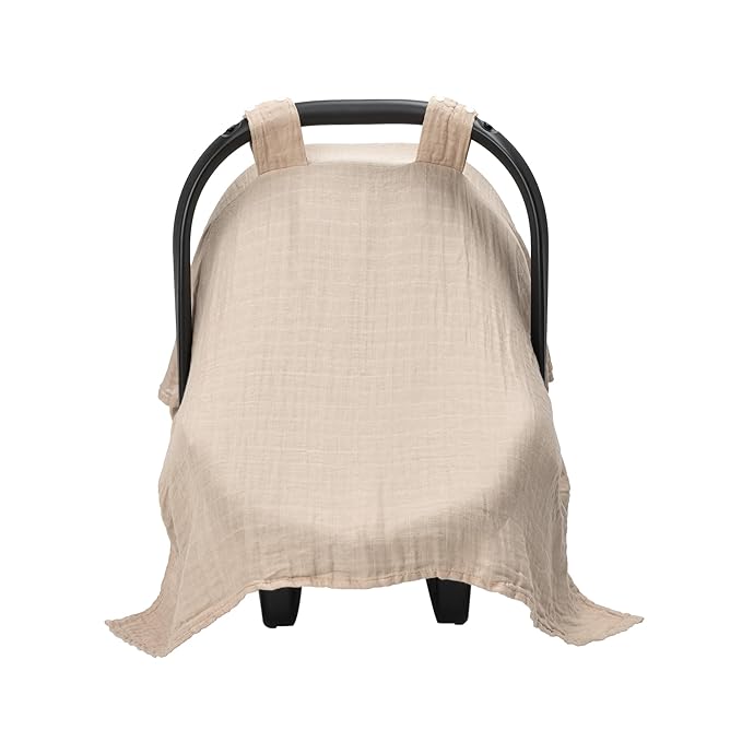 Meracorallo Muslin Baby Car Seat Cover, Lightweight Breathable Soft Infant Carrier Cover Carseat Canopy for Baby Boys and Girls, Pink & Beige