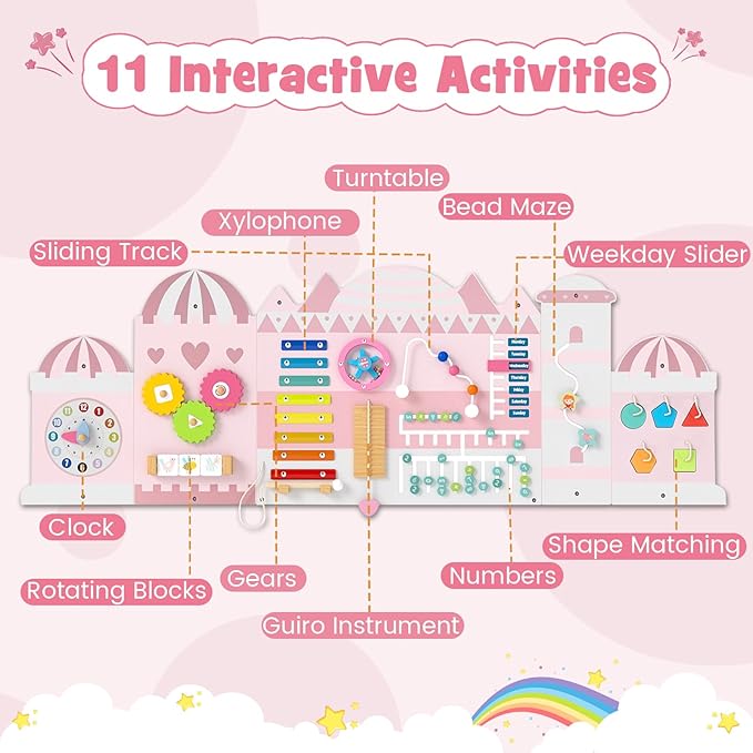 Olakids Pink Castle Sensory Wall, 11 in 1 Wooden Montessori Busy Board Panel, Toddler Wall Mounted Activity Center, Educational Toys Learning Gift for Boys Girls