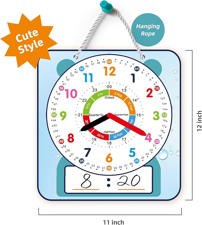 ANCOMEDO 2 Pack Magnetic Writable Dry Erase Teaching Clock, Large 12" Teaching Demonstration Clock for Kids Learning Time with Cute Style for Home School Classroom Supplies(12" x 11")