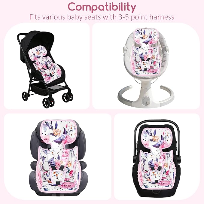 Infant Car Seat Insert with 3 Straps Covers, Ultra-Thick Baby Car Seat Head Support for Side Impact Protection, Minky Dot Baby Car Seat Cushion, Universal Pink Carseat Head Support for Newborn
