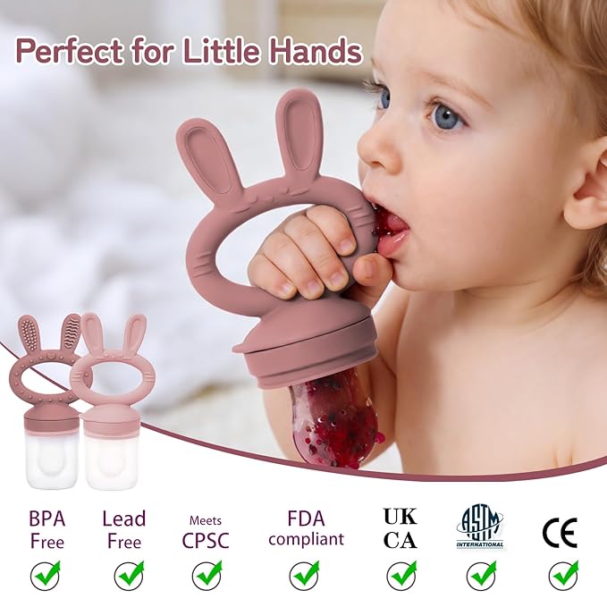 Baby Fruit Feeder Pacifier 2 Pack, Silicone Baby Food Feeder, Pink Bunny Feeder for Babies 4M+, Frozen Fruit Feeder Teething Toy, BPA Free for Fresh Fruit, Veggies & Breastmilk