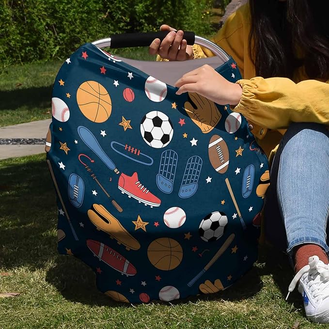 Sport Car Seat Covers for Babies Boy Girl Capony Covers Basketball Baseball Football Nursing Cover Breastfeeding Scarf Soft Breathable Stretchy Coverage, Infant Stroller Cover Shopping Cart