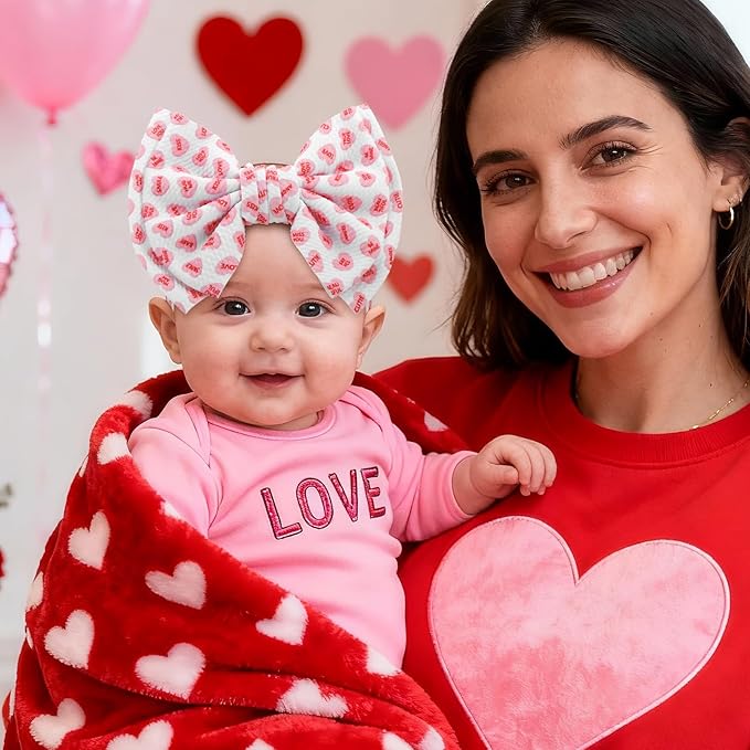 YanJie 7'' Valentines Hair Bow for Baby Girls Love Heart Double Layered Headbands Valentine Hair Accessories for Infants Pink Headband Cute Bowknot Barrettes Hearts Outfit