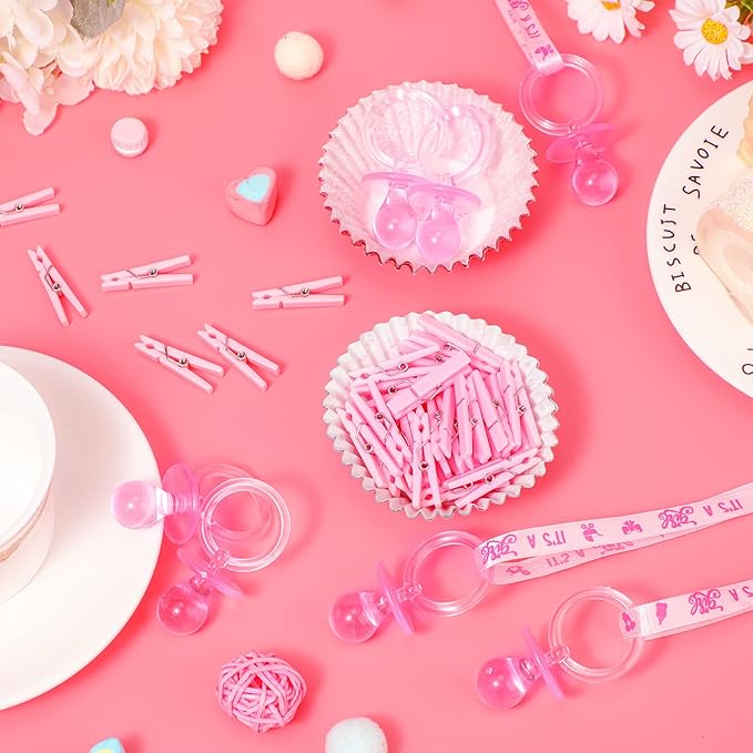 Coume 48 Sets Baby Shower Pacifiers Necklace with Mini Clothes Pins Acrylic Pacifier Bulk Newborn Party Favors for Women Men Baby Shower Decorations Gender Reveal Party Supplies(Pink)