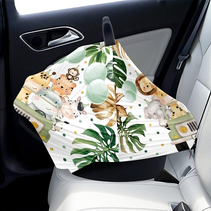 Baby Car Seat Stroller Covers Cute Animals Jungle Greenery Nursing Cover Breastfeeding Scarf Soft Breathable Stretchy Coverage Carseat Canopy Cover for Boys and Girls Soft Breathable Multi Use