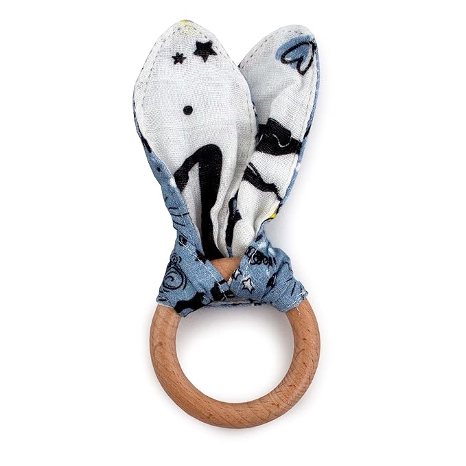 Kanga Care Baby Soft Muslin Sensory Crinkle Bunny Ear Wood Teething Ring - Wander Camping