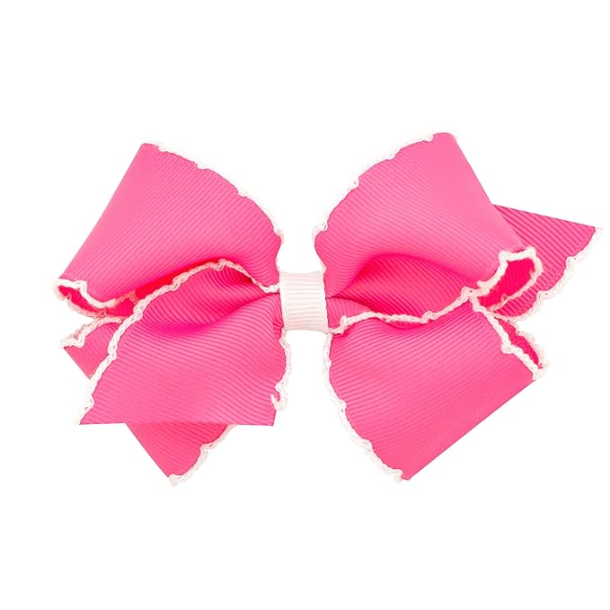 Wee Ones Girls' Classic Grosgrain Moonstitch Edge Hair Bow, No-Slip Hair Clip, Handmade, Hot Pink with White, Small