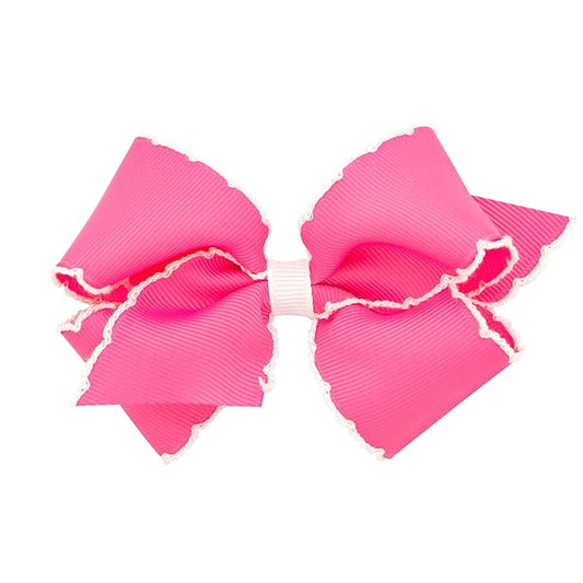 Wee Ones Girls' Classic Grosgrain Moonstitch Edge Hair Bow, No-Slip Hair Clip, Handmade, Hot Pink with White, Small