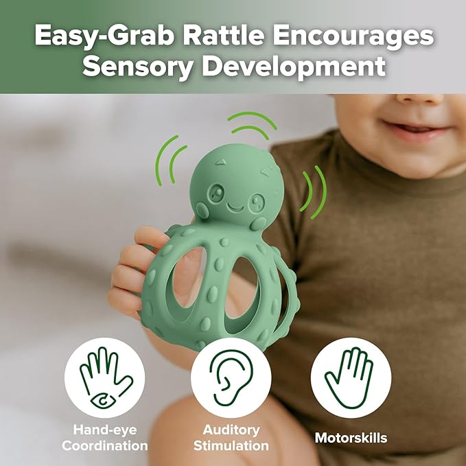 haakaa 2-in-1 Baby Teething Toy,Octopus Teether with Gentle Rattle,Soft Textured Teether for Sore Gums,Easy to Grasp Sensory Toy for Babies 3M+,Pea Green