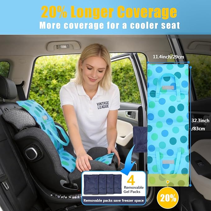 Baby Car Seat Cooling Pad with Insulated Bag Reusable Baby Carseat Cooler Cooling for Car Seat Belts Summer Essential 4 Removable Gel Packs