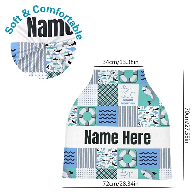 Personalized Cute Shark Plaid Baby Car Seat Cover for Babies with Name, Custom Baby Car Seats Canopy for Boys, Nursing Breastfeeding Stroller Covers Infant Car Seat Blanket for Newborn