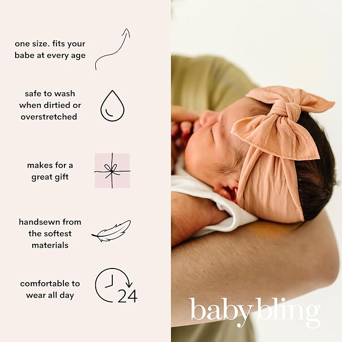 Baby Bling Bows - Newborn to Little Baby Girl Bows, 2 Pack Nylon Super Soft Stretchy Knot Toddler Headbands, Perfect Hair Accessories Head Bands for Infant Kids (Fawn & Oatmeal)