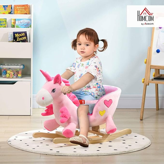 Qaba Baby Rocking Horse, Ride on Unicorn with 32 Songs, Toddler Rocker Toy with Wooden Base Seat Safety Belt for 1.5-3 Year Old, Pink
