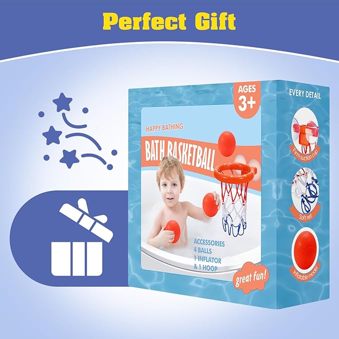 KSABVAIA Bath Toys - Bathtub Basketball Hoop for Kids Toddlers,Bath Toys Shower Toys for Kids Ages 4-8,Suction Cup Basketball Hoop & 4 Soft Balls Set for Boys Girls