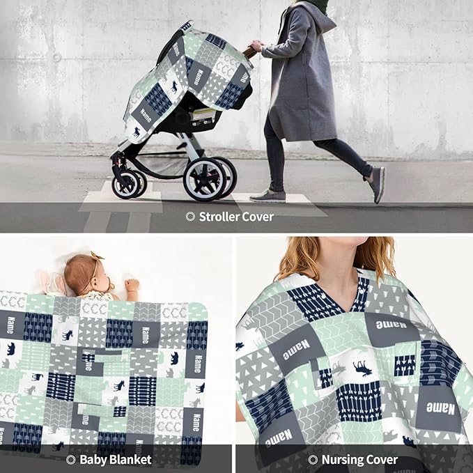 Personalized Woodland Deer Baby Infant Car Seats Canopy for Babies with Name, Custom Multi-use Blankets for Baby Boys Girls, Peekaboo Minky Nursing Breastfeeding Stroller Cover Canopies for Newborn
