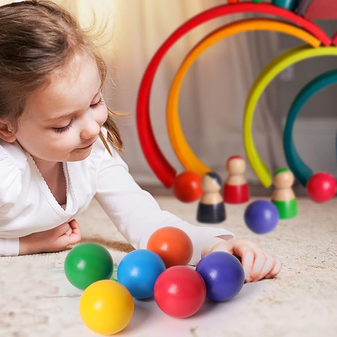 SHIERDU Wooden Rainbow Ball, 6 Colorful Wooden Ball Toys, Suitable for Toddlers and Babies to Grip, Ball and Stacker Matching