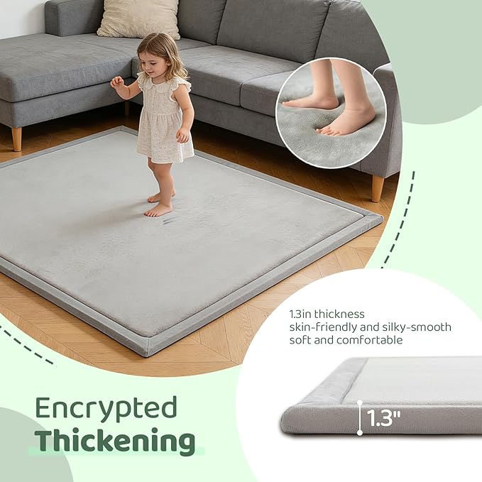 Baby Play Mat for Floor, 1.3 Inch Thick Memory Foam Tummy Time Mats with Non Slip Backing, Soft Coral Velvet 50×50 Inch Playpen Mat Crawling Tatami for Infants Toddlers Kids, Light Grey