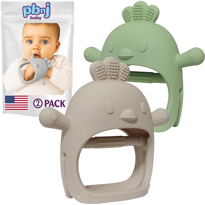 PBnJ Baby Teething Mittens for Babies 0-6 Months, 2 Pack Silicone Teething Mitten with 3 Textures & Crinkle Sound, BPA-Free Teether Glove for Teething Relief, Adjustable Baby Teething Toys 3-6 Months
