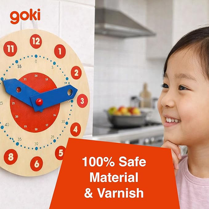 Goki Wooden Learning Clock for Kids - Educational Telling Time Teaching Clock for Toddlers & Kindergarten - Wooden Learning Toys I Toddler Educational Toys I Designed in Germany