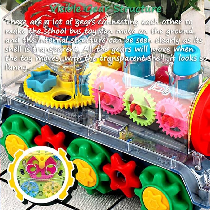 Miracland Transparent Gear Locomotive Toy, Light-up Train Toy Railway Engine Model Toy Toddler Musical Toy 3D Gears Bump & Go Car Toy for Kids with 360° Rotation Function, Lights and Music