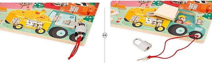 Janod Farm Padlocks Board - Latching and Locking Puzzle - Ages 3-6 - J07119