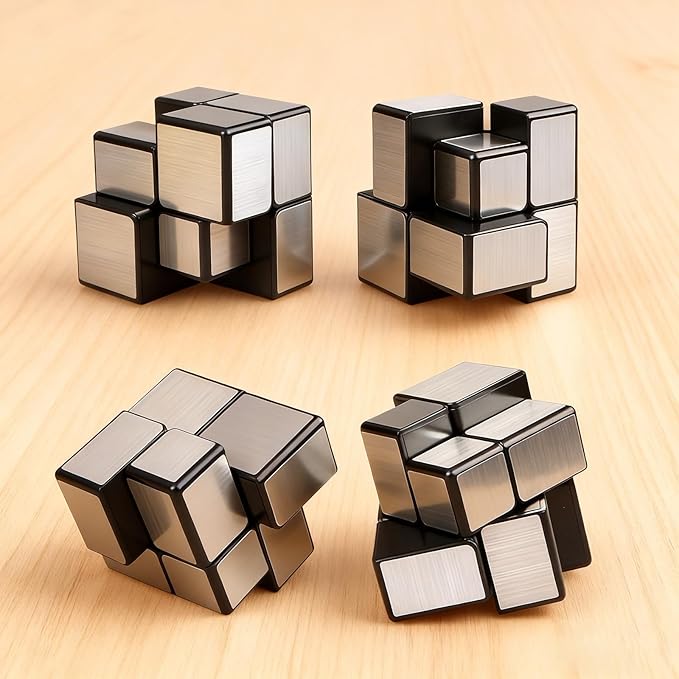 AI-YUN Mirror Cube Set, Speed Cube Set of 4 Pack, 1x3x3 Ghost Cube, 2x2 3x3 Mirror Blocks, 3x3 Windmill Cube, Brain Teasers, Puzzle Toys, Silver
