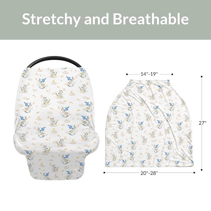 Fantasy Dragon Car Seat Cover for Baby Fairytale Dragons Moon Stars Clouds Trees Stretchy 5-in-1 Cover Adjustable Car Canopy Cover Myth Animal Breathable Nursing Cover-Up