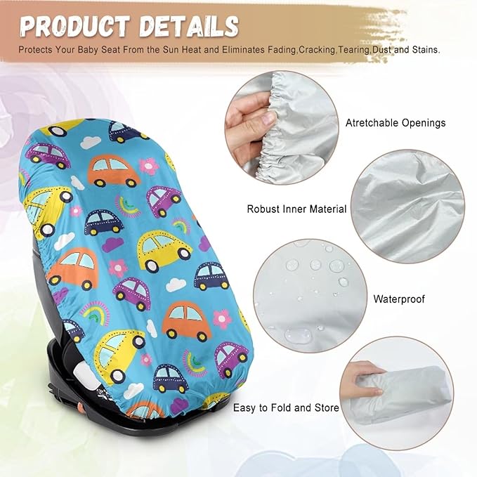 XYZCANDO Car Print Carseat Cover for Baby Girl Cartoon Baby Car Seat Sun Shade Cover Breathable Car Seat Sun Cover for Baby Reflective Baby Seat Covers for Car Seats Gift for Birthday