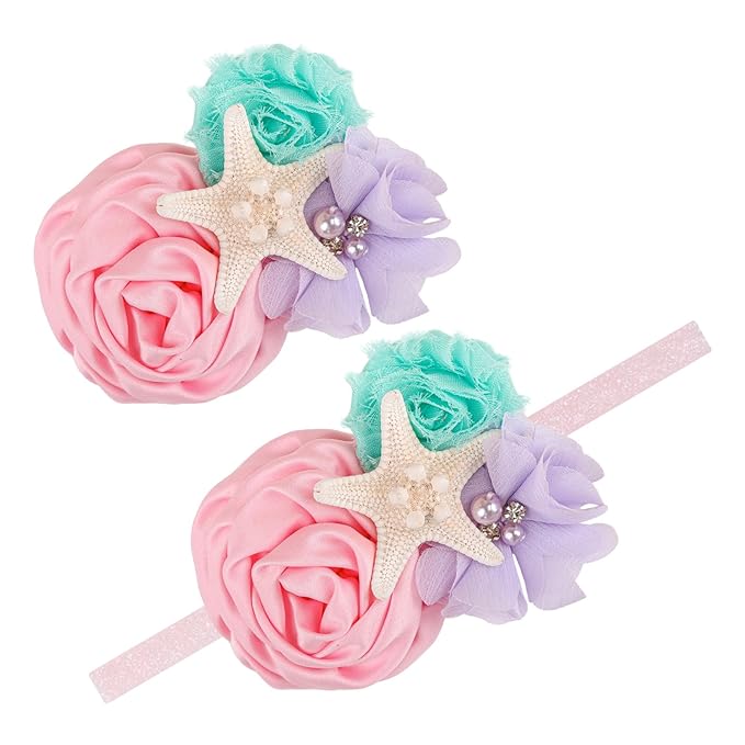 YanJie Baby Girls Mermaid Headband, Glitter Hair Clip, and Starfish Hair Bow Set - Aqua Lavender Newborn Mermaid Party Gift Accessories