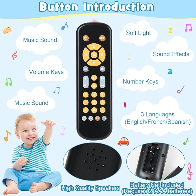 Baby TV Remote Control Toy for 6 Months+, Play Remote Musical Toys with Sound and Light, Early Development Toys with 3 Language English/French/Spanish for Toddlers 6 12 18 Month, BPA Free