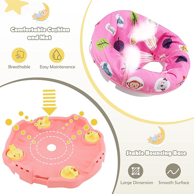 HOMGX Baby Bouncer Activity Center, 3 in 1 Baby Jumper Center & Infant Playtime Mat & Activity Table w/Baby Toys, 3 Adjustable Heights & 360° Rotatable Seat, Activity Center for Toddlers (Pink)