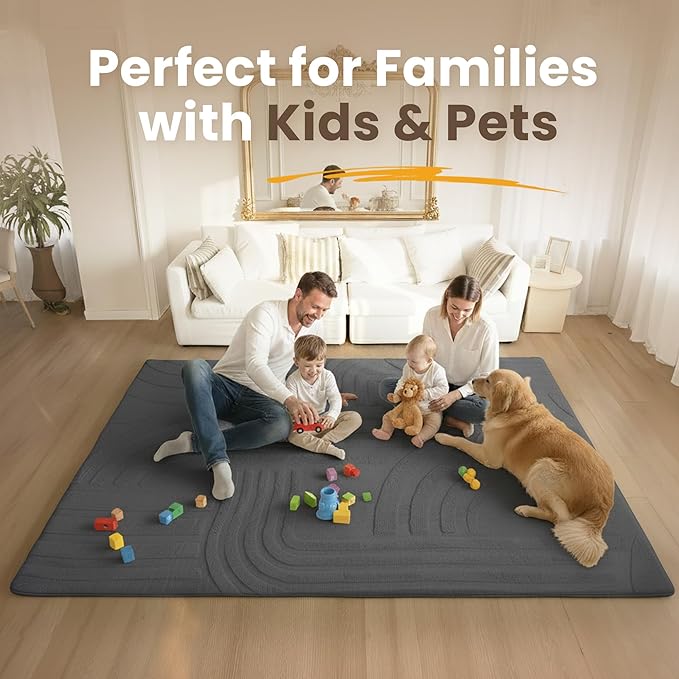 Huloo Sleep 1.3" Extra Thick Fluffy Baby Play Mat for Floor,6'×9'Large Padded Kids Rug with Ultra Soft 3D Carved Faux Rabbit Fur,Non-Slip Carpet Nursery Rug Area Rug for Playroom Living Room(Charcoal)
