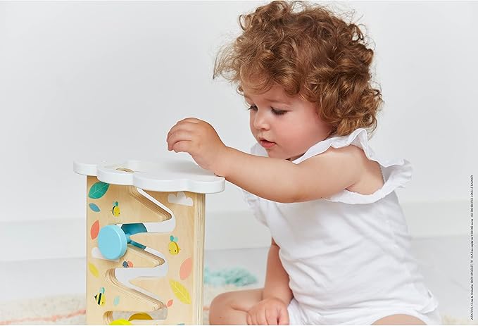 Janod Pure 4 pc Wooden Pastel Bee & Bear Ball Track with Cherry Wood Rollers & Bell Ages 12+ Months, one Color (J05153)