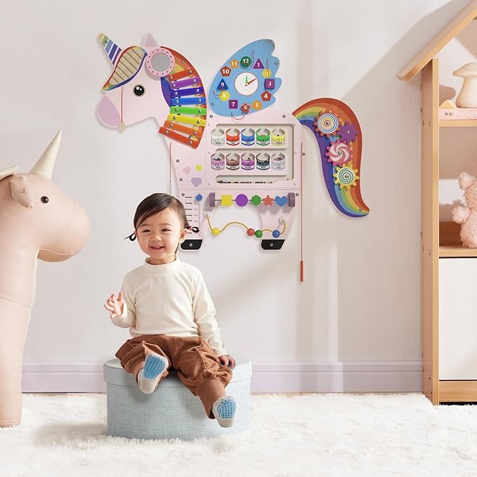 Spacocld Unicorn Activity Wall Busy Board Panels - Sensory Wall Panel for Kids, Montessori Toddler Wall Activity Board, Wall Toys for Toddlers 3, Activity Cube, Perfect for Toddler Playroom, Pink