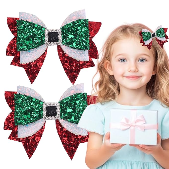 Christmas Hair Bow Clips for Girls Green & Red Bow Clip Sparkling Rhinestone Alligator Clips Festive Glitter Xmas Hair Accessories,Hair Bow Clips for Girls-2pcs