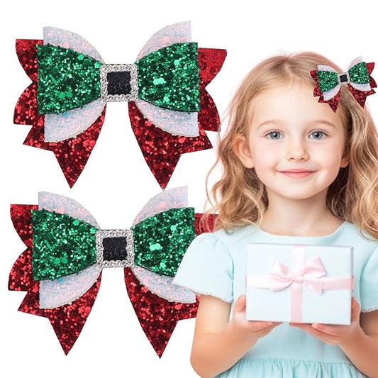 Christmas Hair Bow Clips for Girls Green & Red Bow Clip Sparkling Rhinestone Alligator Clips Festive Glitter Xmas Hair Accessories,Hair Bow Clips for Girls-2pcs