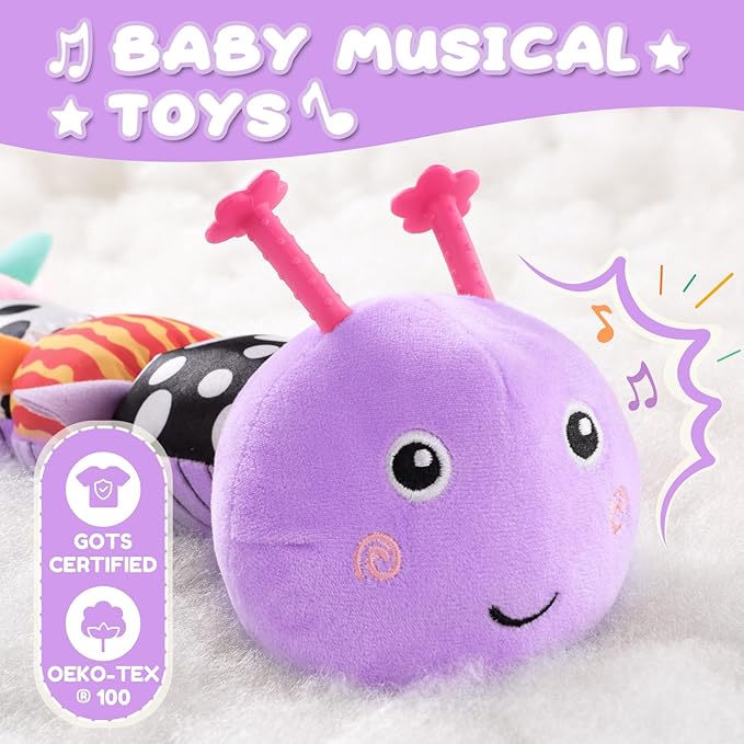 AWOTOY Baby Toys 0-6-12 Months,Musical Caterpillar Stuffed Animals Activity Infant Toys with Crinkle,Rattles,Mirror&Pull String,Muti-Sensory Toys Gifts for Newborn Tummy Time,Taro Purple|Leafy