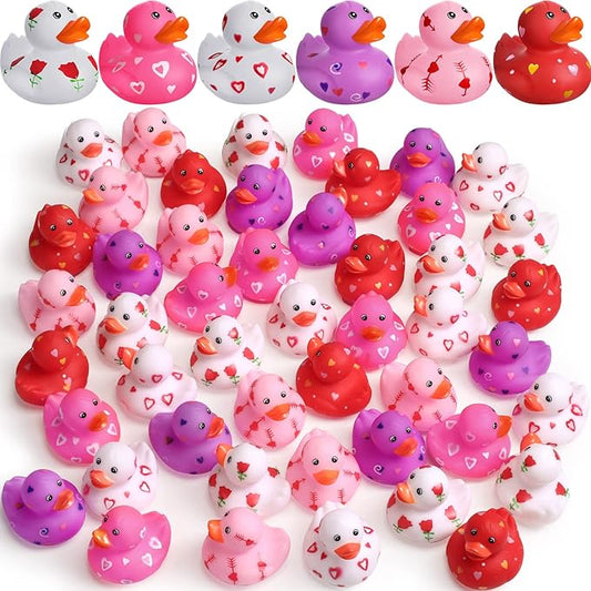 Jerify 48 Pcs 2 Inch Valentine's Day Rubber Duckies Bulk Mini Heart Rubber Ducks for Kids Bathtub Toys Classroom Prizes Birthday Wedding Party Favors Gifts Goodie Bag Fillers, 6 Styles (Cute)
