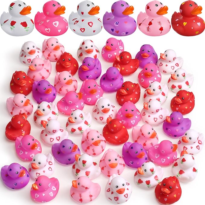 Jerify 96 Pcs 2 Inch Valentine's Day Rubber Duckies Bulk Mini Heart Rubber Ducks for Kids Bathtub Toys Classroom Prizes Birthday Wedding Party Favors Gifts Goodie Bag Fillers, 6 Styles (Cute)