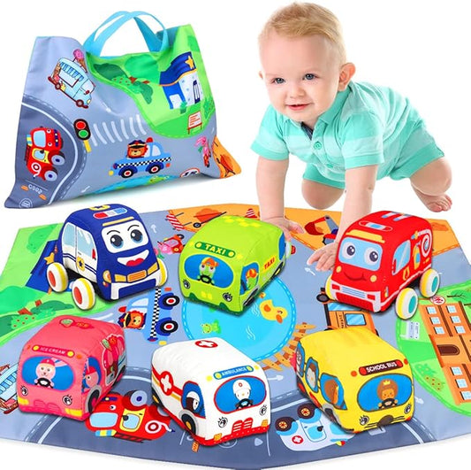 Baby Toys 6 to 12 Months - Soft Car Toys for 1 Year Old Boy Girl with Playmat Storage Bag - Infant Baby Toys 12-18 Months Toddler Toys Age 1-2 - 1st Birthday Gifts 1 2 3 Years Old Baby