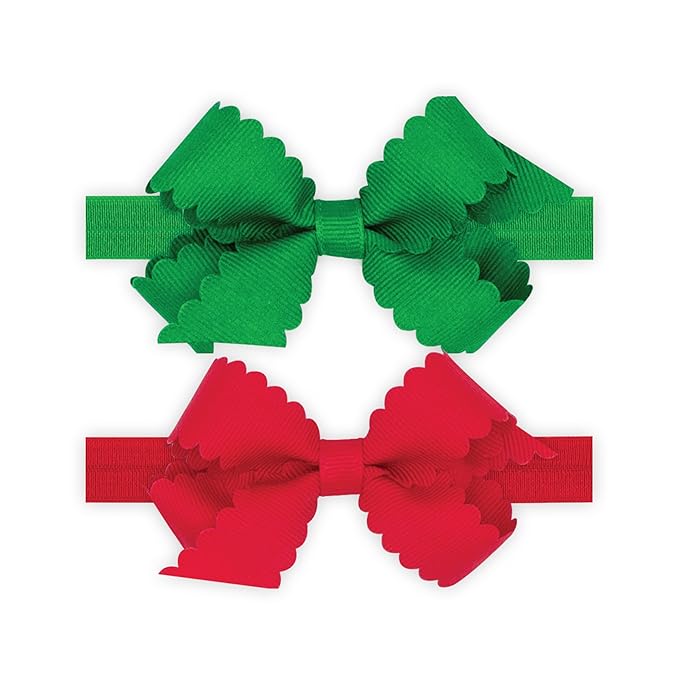 Wee Ones Girls Two Mini Scallop Bows With Bands, Mini, GRN/RED