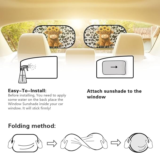Bulopur 2 PCS Highland Cow Print Car Window Covers Sun Shade Side Window Sun Protection and Sun Shade Blocker Car Interior Automotive Mesh Windshield Shades for Baby