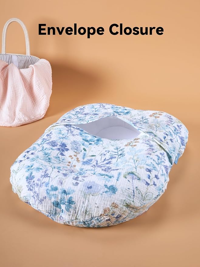 TILLYOU Muslin Baby Lounger Cover, 100% Cotton Newborn Lounger Cover, 2 Pack Baby Nest Slipcover for Boys Girls, Cover Only, Blue Flower