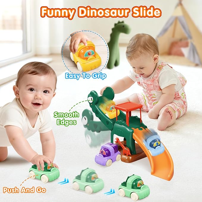 Toddler Toys for 1 2 Year Old Boys Educational Dinosaur Slide Toys with 4 Push Car Toys for Baby 12-18 Months,First Birthday Easter Gifts for Kids,Montessori Learning Race Car Track Ages 1-2 (Green)