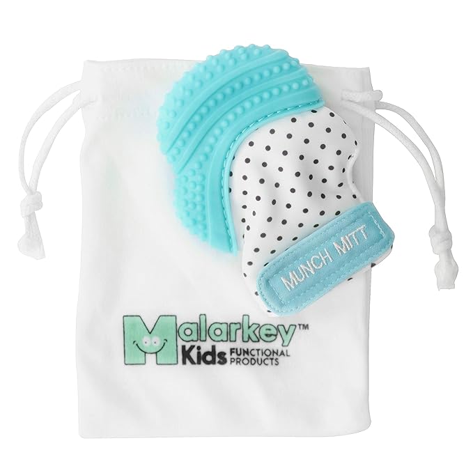 Malarkey Kids Patented Teething Mitten, Munch Mitt Baby Chew Toy - Protects Hands from Chewing & Saliva, Heals Aching Gums, Promotes Sound & Visual Stimulation for Babies - Aqua Polka Dot