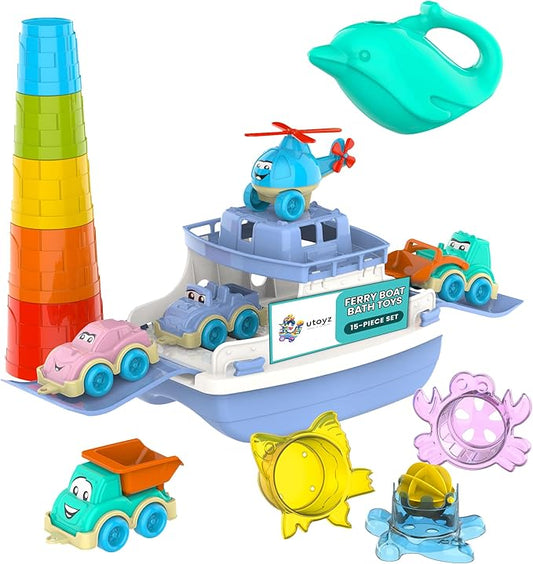 Ferry Fun & Friends – 15pcs & Baby Bath Toys with Ferry Boats, Cars for Bathtub, Trucks, Helicopter, Stacking Cups & Toy Animals, Toddler Bath Toys for 1 Year Old, Toddler Pool Boat Baby Toy