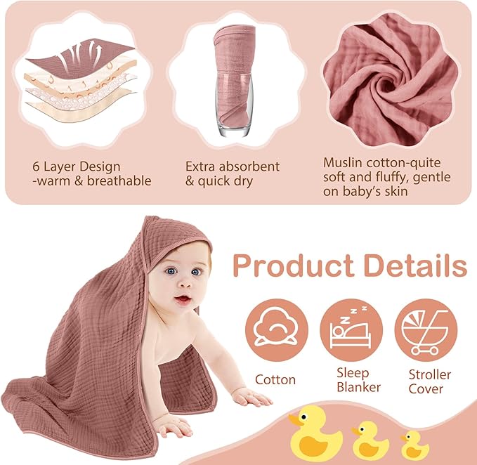 Peryiter 6 Pcs Muslin Hooded Baby Towels, 32"x 32" Cotton Newborn Bath Towel Muslin Infant Baby Blankets Absorbent Unisex Newborn Registry Gift Essentials for Girls Boys (Pink,Blush,Red)